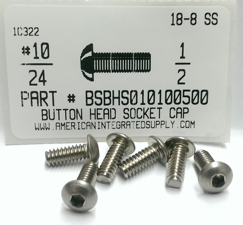 #10-24X1/2 BUTTON HEAD SOCKET CAP SCREW 18-8 STAINLESS STEEL