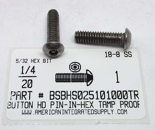 1/4-20X1 BUTTON HEAD PIN-IN-HEX DRIVE SOCKET CAP SCREW 18-8 STAINLESS STEEL 5/32 HEX