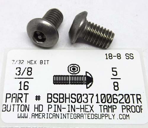 3/8-16X5/8 BUTTON HEAD PIN-IN-HEX DRIVE SOCKET CAP SCREW 18-8 STAINLESS STEEL 7/32 HEX