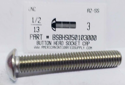 1/2-13X3 BUTTON HEAD SOCKET CAP SCREW 18-8 STAINLESS STEEL