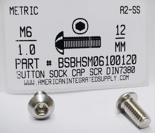 M6-1.00X12mm BUTTON HEAD SOCKET CAP SCREW A2 STAINLESS STEEL D7380