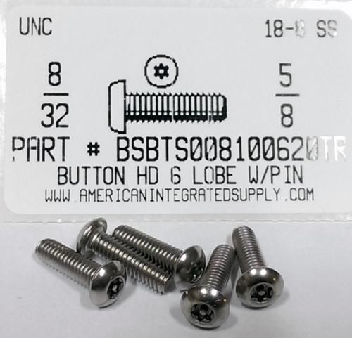 #8-32X5/8 BUTTON HEAD 6 LOBE T15 DRIVE WITH PIN CAP SCREW 18-8 STAINLESS STEEL