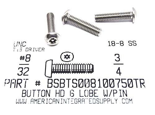 #8-32X3/4 BUTTON HEAD PIN-IN-6 LOBE CAP SCREW18-8 STAINLESS STEEL T15 DRIVE