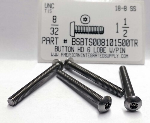 #8-32X1-1/2 BUTTON HEAD PIN-IN-6 LOBE CAP SCREW18-8 STAINLESS STEEL T15 DRIVE