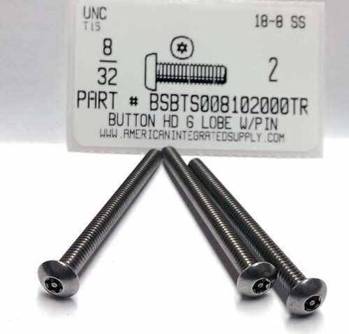 #8-32X2 BUTTON HEAD PIN-IN-6 LOBE CAP SCREW18-8 STAINLESS STEEL T15 DRIVE