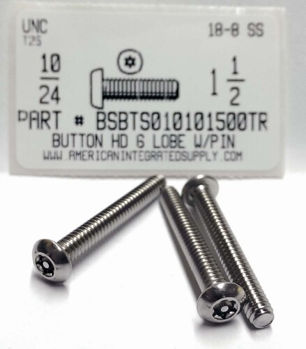 #10-24X1-1/2 BUTTON HEAD PIN-IN-6 LOBE CAP SCREW 18-8 STAINLESS STEEL T25 DRIVE