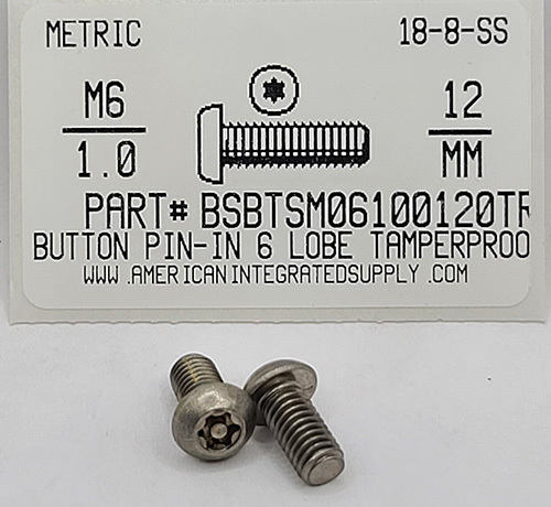 M6-1.00X12MM BUTTON HEAD PIN-IN-6 LOBE CAP SCREW 18-8 STAINLESS STEEL T27 DRIVE