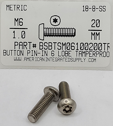 M6-1.00X20MM BUTTON HEAD PIN-IN-6 LOBE CAP SCREW 18-8 STAINLESS STEEL T27 DRIVE