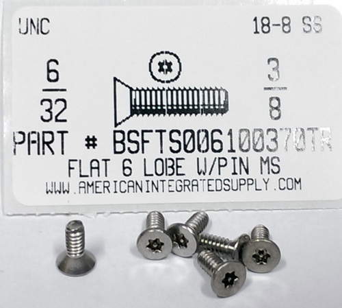 #6-32X3/8 FLAT HEAD 6 LOBE T15 DRIVE WITH PIN CAP SCREW 18-8 STAINLESS STEEL