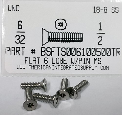 #6-32X1/2 FLAT HEAD 6 LOBE T15 DRIVE WITH PIN CAP SCREW 18-8 STAINLESS STEEL