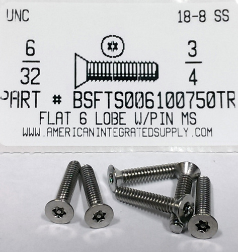 #6-32X3/4 FLAT HEAD 6 LOBE T15 DRIVE WITH PIN CAP SCREW 18-8 STAINLESS STEEL