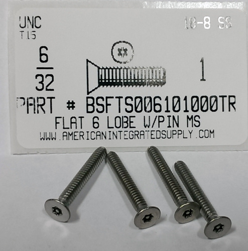 #6-32X1 FLAT HEAD 6 LOBE T15 DRIVE WITH PIN CAP SCREW 18-8 STAINLESS STEEL