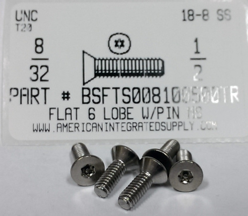 #8-32X1/2 FLAT HEAD 6 LOBE T15 DRIVE WITH PIN CAP SCREW 18-8 STAINLESS STEEL