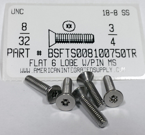 #8-32X3/4 FLAT HEAD 6 LOBE T15 DRIVE WITH PIN CAP SCREW 18-8 STAINLESS STEEL