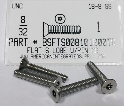 #8-32X1 FLAT HEAD 6 LOBE T15 DRIVE WITH PIN CAP SCREW 18-8 STAINLESS STEEL