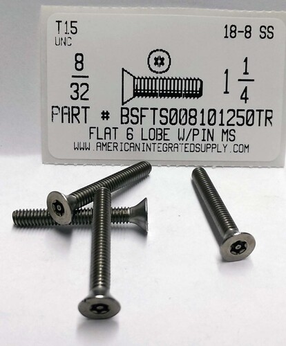 #8-32X1-1/4 FLAT HEAD 6 LOBE T15 DRIVE WITH PIN CAP SCREW 18-8 STAINLESS STEEL