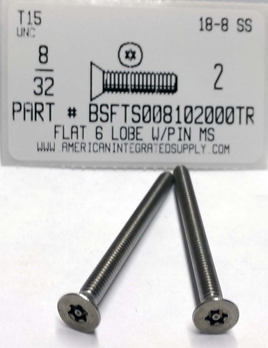 #8-32X2 FLAT HEAD 6 LOBE T15 DRIVE WITH PIN CAP SCREW 18-8 STAINLESS STEEL