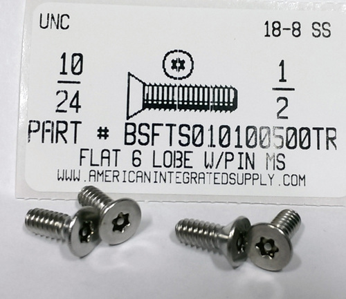 #10-24X1/2 FLAT HEAD 6 LOBE T25 DRIVE WITH PIN CAP SCREW 18-8 STAINLESS STEEL