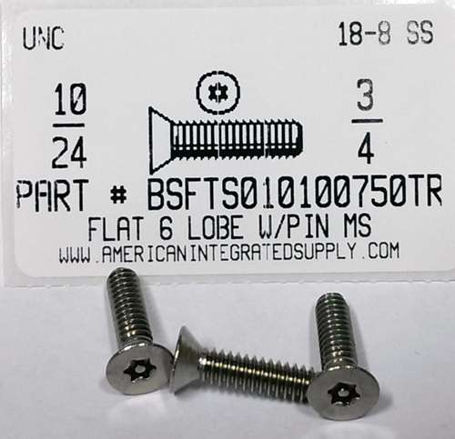 #10-24X3/4 FLAT HEAD 6 LOBE T25 DRIVE WITH PIN CAP SCREW 18-8 STAINLESS STEEL