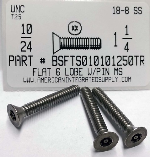 #10-24X1-1/4 FLAT HEAD 6 LOBE T25 DRIVE WITH PIN CAP SCREW 18-8 STAINLESS STEEL