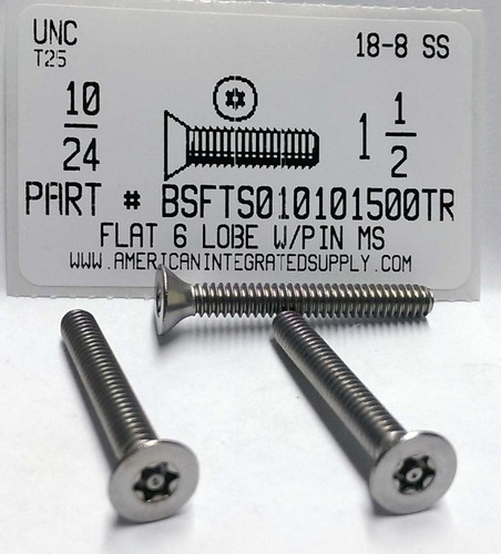 #10-24X1-1/2 FLAT HEAD 6 LOBE T25 DRIVE WITH PIN CAP SCREW 18-8 STAINLESS STEEL