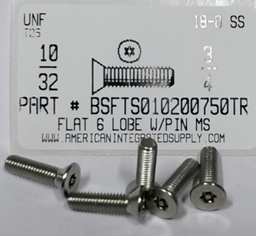 #10-32X3/4 FLAT HEAD 6 LOBE T25 DRIVE WITH PIN CAP SCREW 18-8 STAINLESS STEEL