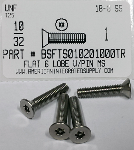 #10-32X1 FLAT HEAD 6 LOBE T25 DRIVE WITH PIN CAP SCREW 18-8 STAINLESS STEEL