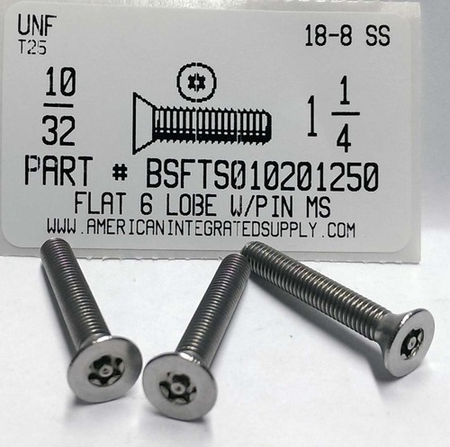 #10-32X1-1/4 FLAT HEAD 6 LOBE T25 DRIVE WITH PIN CAP SCREW 18-8 STAINLESS STEEL