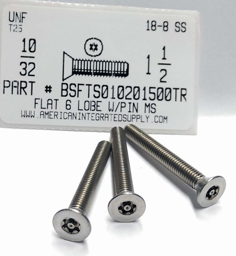 #10-32X1-1/2 FLAT HEAD 6 LOBE T25 DRIVE WITH PIN CAP SCREW 18-8 STAINLESS STEEL