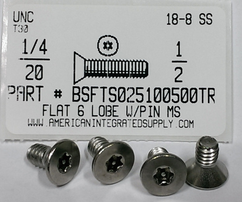 1/4-20X1/2 FLAT HEAD 6 LOBE T30 DRIVE WITH PIN CAP SCREW 18-8 STAINLESS STEEL