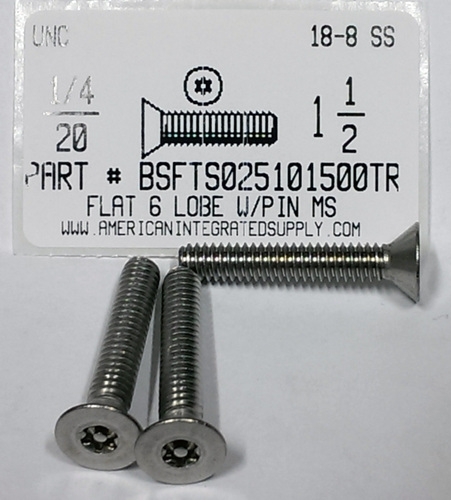 1/4-20X1-1/2 FLAT HEAD 6 LOBE T30 DRIVE WITH PIN CAP SCREW 18-8 STAINLESS STEEL