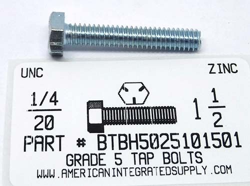 1/4-20X1-1/2 HEX HD TAP BOLT FULLY THREADED GRADE 5 STEEL ZINC PLATED