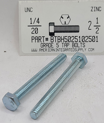 1/4-20X2-1/2 HEX HEAD TAP BOLT FULLY THREADED GRADE 5 STEEL ZINC PLATED