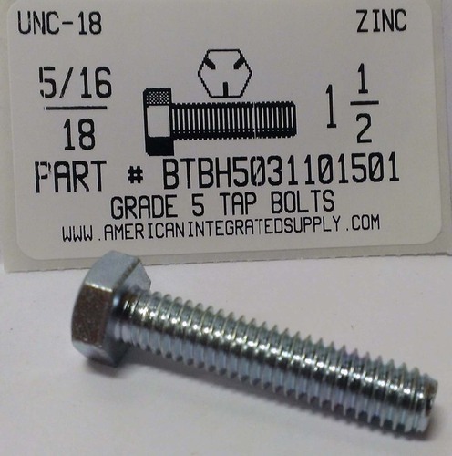 5/16-18X1-1/2 HEX HEAD TAP BOLT FULLY THREADED GRADE 5 STEEL ZINC PLATED