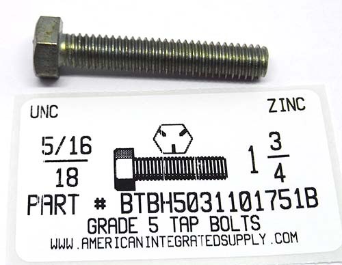 5/16-18X1-3/4 HEX HEAD TAP BOLT GRADE 5 STEEL ZINC PLATED