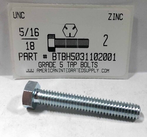 5/16-18X2 HEX HEAD TAP BOLT FULLY THREADED GRADE 5 STEEL ZINC PLATED