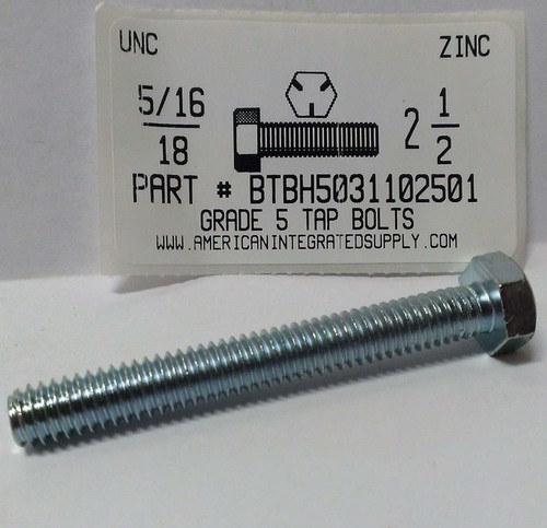 5/16-18X2-1/2 HEX HEAD TAP BOLT FULLY THREADED GRADE 5 STEEL ZINC PLATED