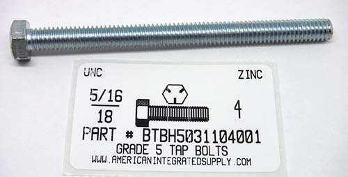 5/16-18X4 HEX HEAD TAP BOLT FULLY THREADED GRADE 5 STEEL ZINC PLATED