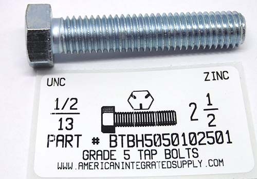 1/2-13X2-1/2 HEX HEAD TAP BOLT FULLY THREADED GRADE 5 STEEL ZINC PLATED