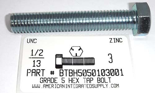 1/2-13X3 HEX HEAD TAP BOLT FULLY THREADED GRADE 5 STEEL ZINC PLATED