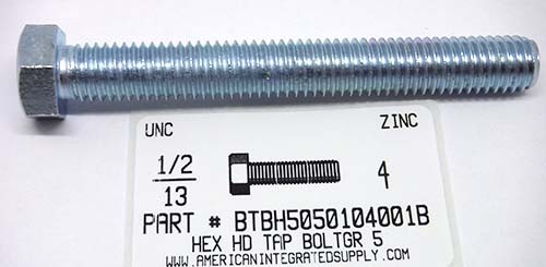 1/2-13X4 HEX HEAD TAP BOLT FULLY THREADED GRADE 5 STEEL ZINC PLATED