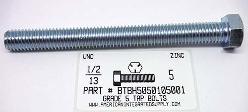 1/2-13X5 HEX HEAD TAP BOLT FULLY THREADED GRADE 5 STEEL ZINC PLATED