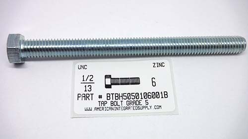 1/2-13X6 HEX HEAD TAP BOLT FULLY THREADED GRADE 5 STEEL ZINC PLATED