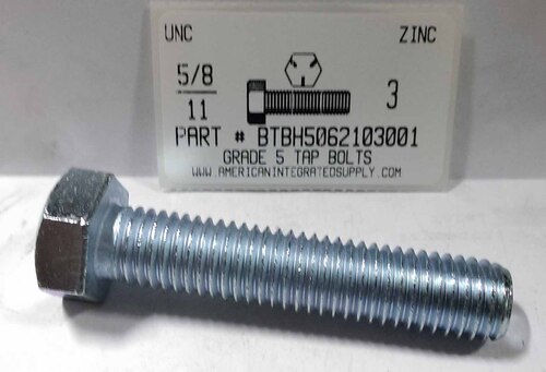 5/8-11X3 HEX HEAD TAP BOLT FULLY THREADED GRADE 5 STEEL ZINC PLATED