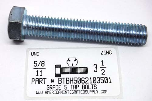 5/8-11X3-1/2 HEX HEAD TAP BOLT FULLY THREADED GRADE 5 STEEL ZINC PLATED