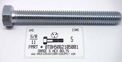 5/8-11X5 HEX HEAD TAP BOLT FULLY THREADED GRADE 5 STEEL ZINC PLATED