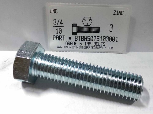 3/4-10X3 HEX HEAD TAP BOLT FULLY THREADED GRADE 5 STEEL ZINC PLATED