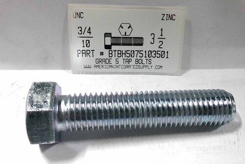 3/4-10X3-1/2 HEX HEAD TAP BOLT FULLY THREADED GRADE 5 STEEL ZINC PLATED