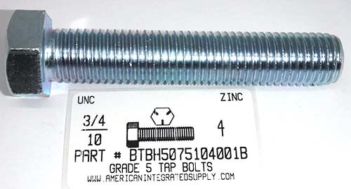 3/4-10X4 HEX HEAD TAP BOLT FULLY THREADED GRADE 5 STEEL ZINC PLATED