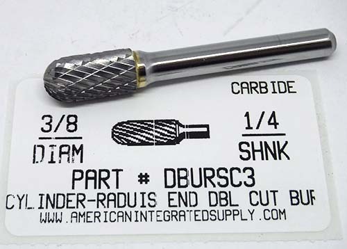 3/8 CYLINDER-RADIUS END DOUBLE CUT CARBIDE BURR 3/4 LG 1/4 SHANK